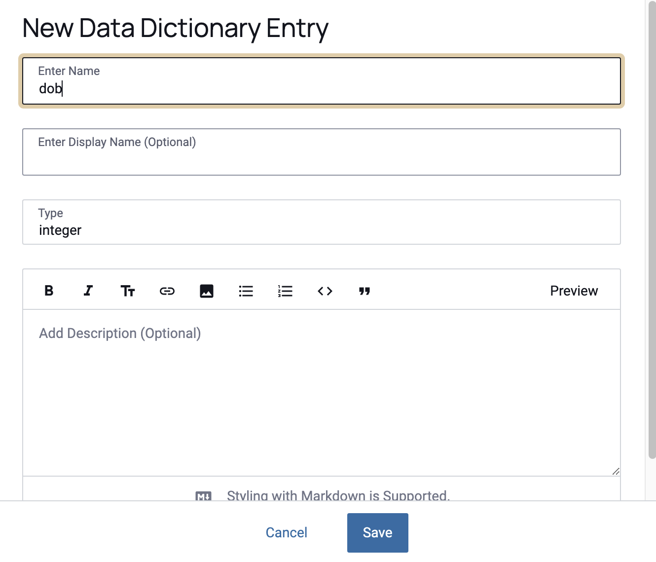 Data Source New Dictionary Entry