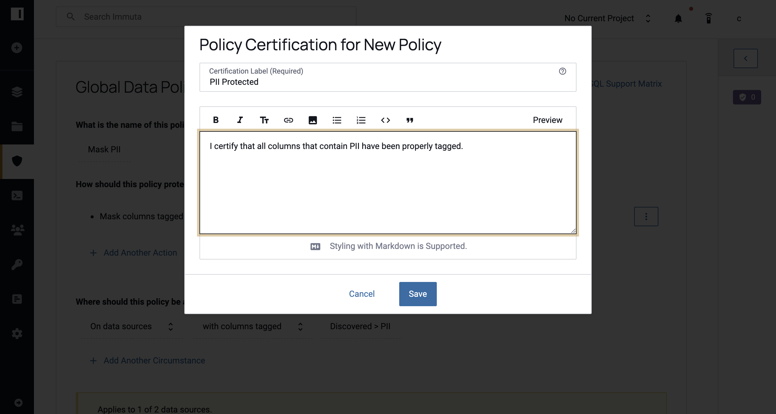 Custom Certification Dialog