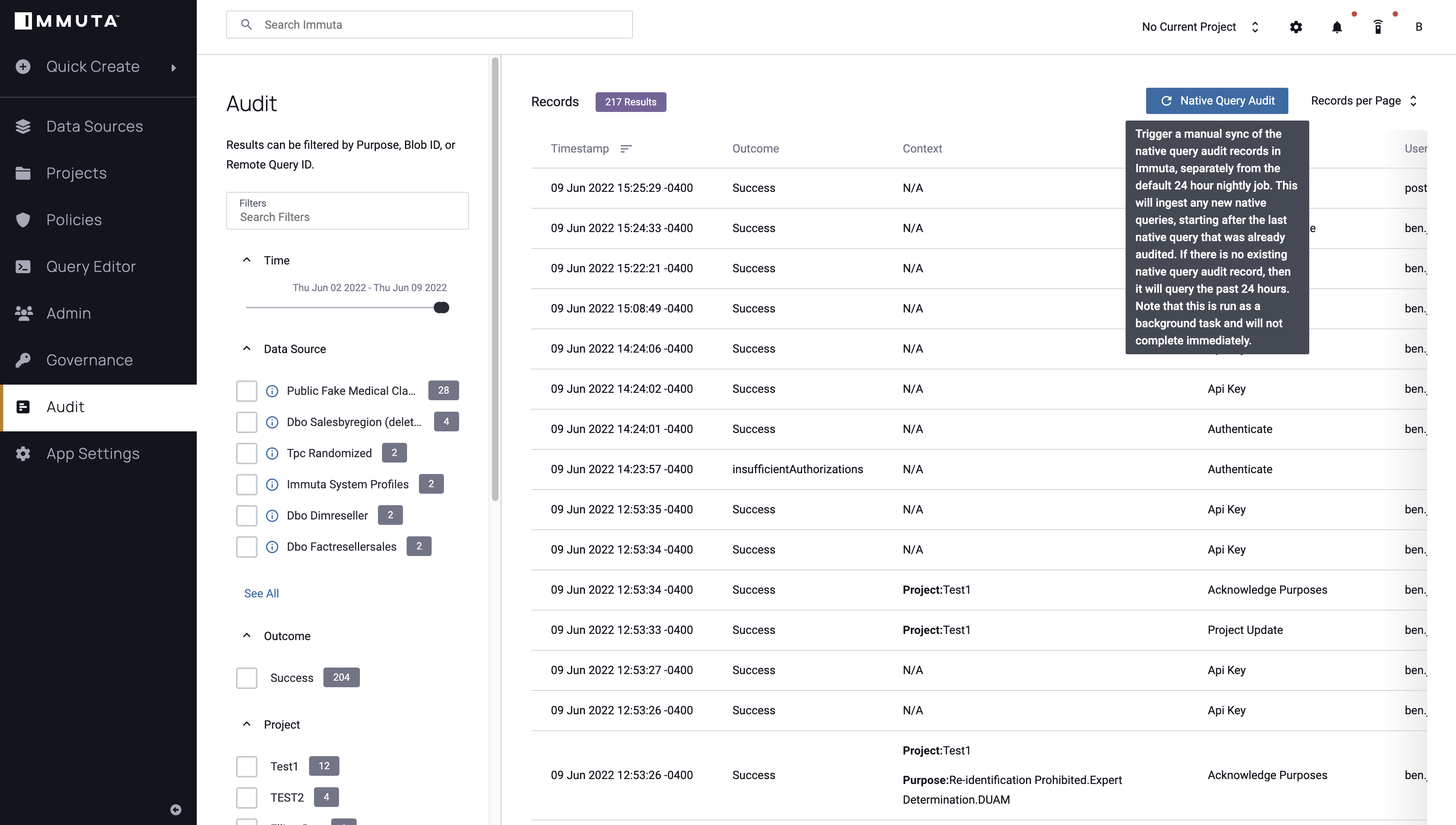 Native Query Button: Audit Page