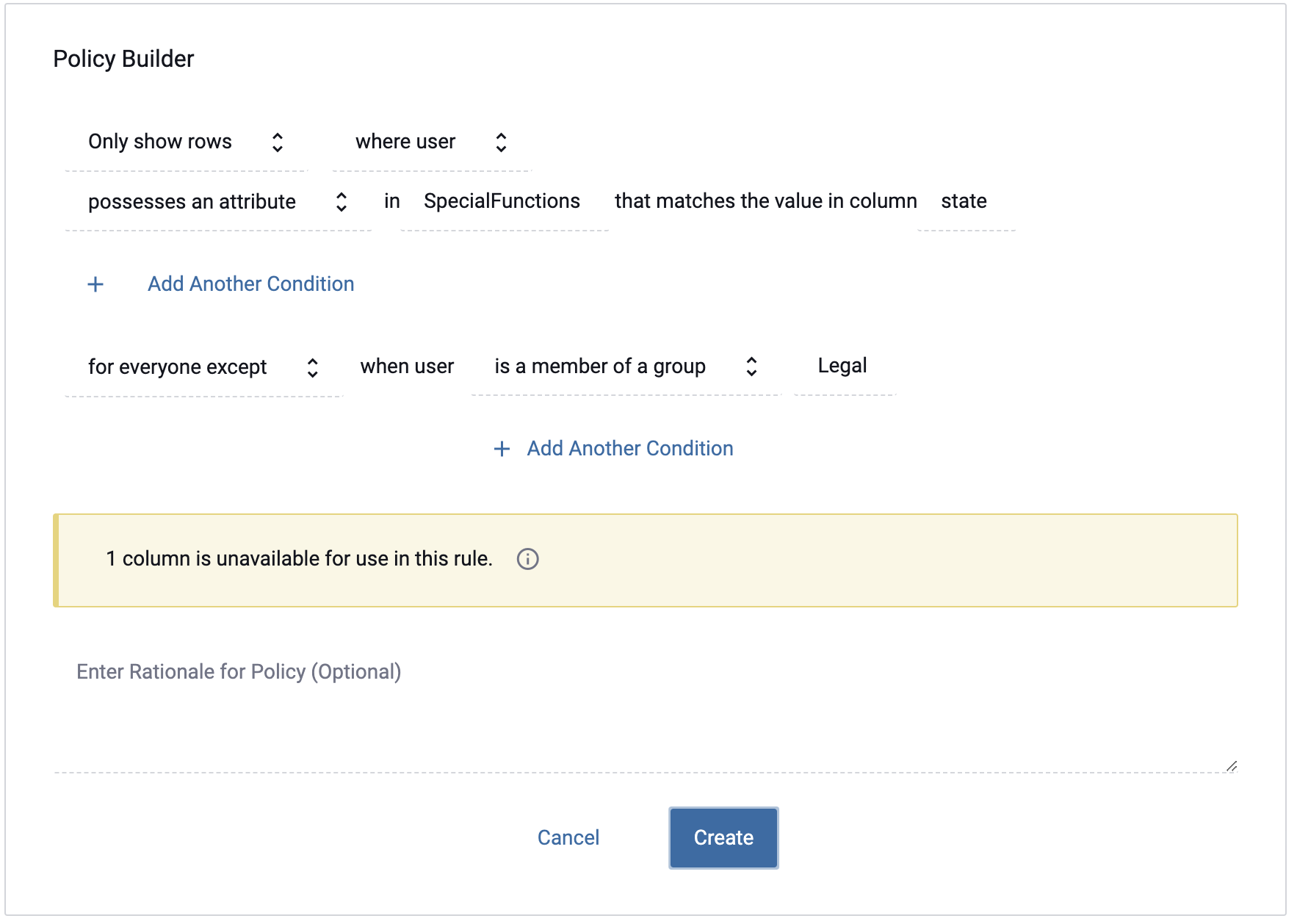 Row redaction matching example